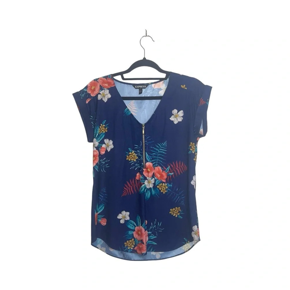 Express Blue Multicolor Tropical Floral Print Zip Front Blouse Small Women’s